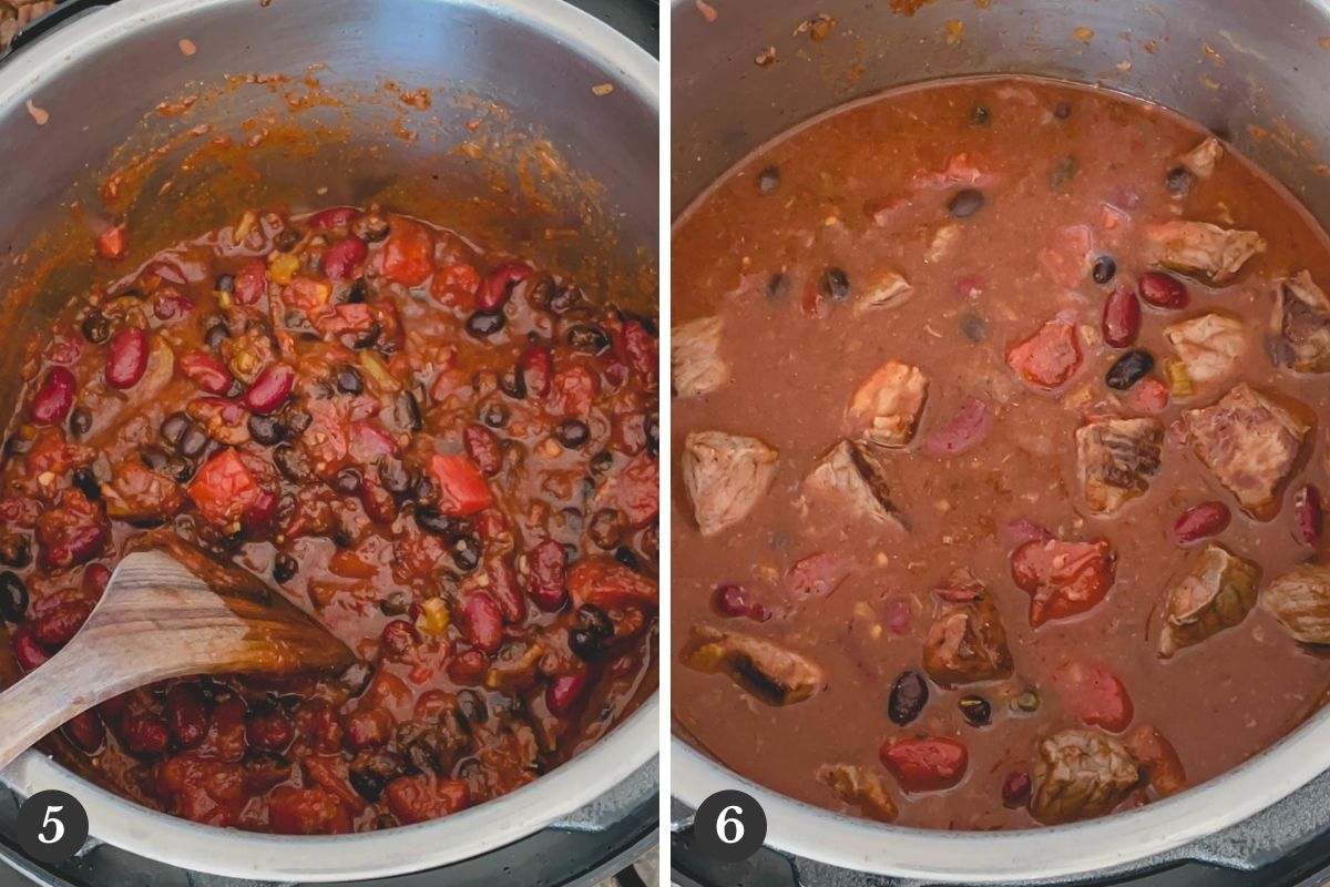 Side by side images of adding all the chili ingredients into the Instant Pot.