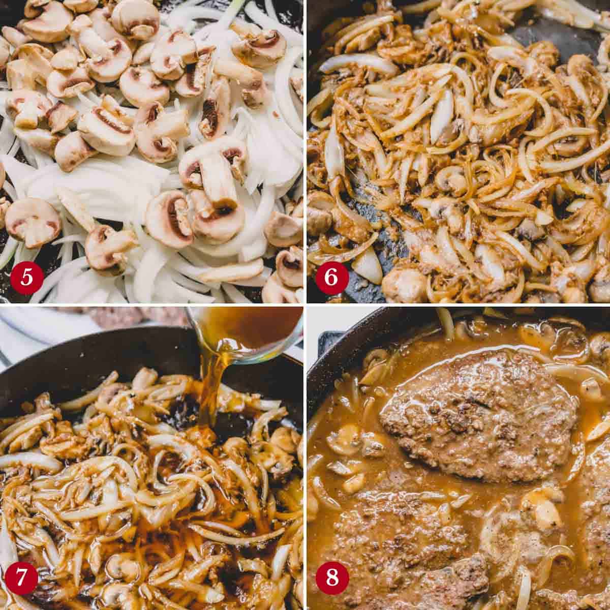 Step by step photos of making mushroom gravy for smothered steaks.