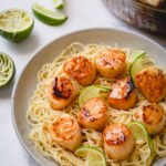 Seared scallops over a bed of angel hair pasta on a white plate.