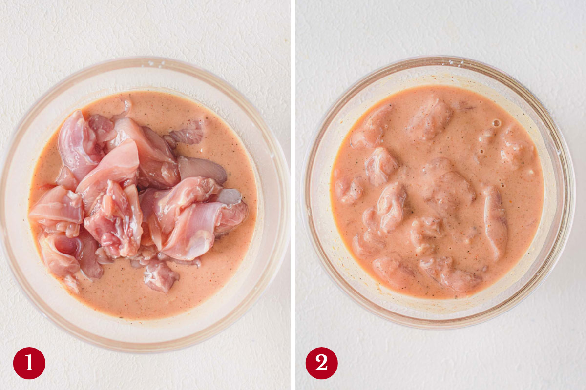 Side by side images of marinating chicken thigh pieces.