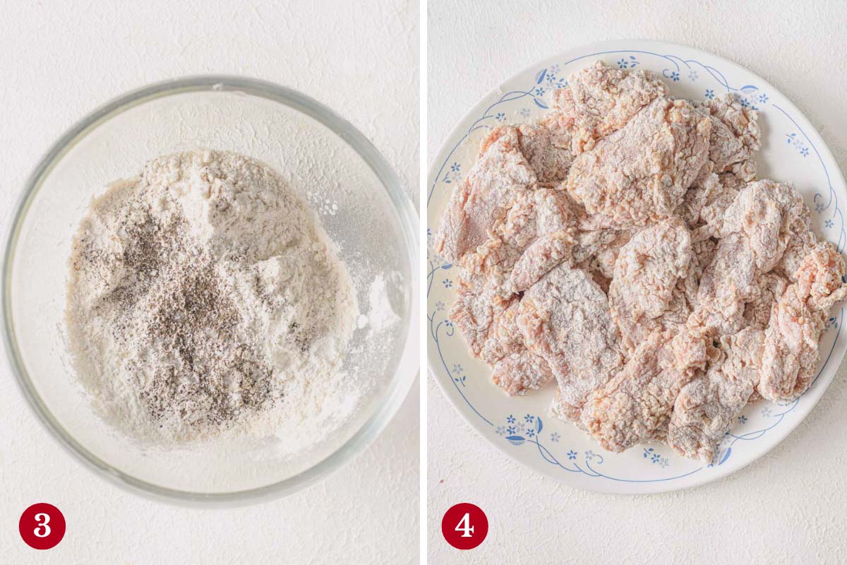 Side by side images of coating the chicken piece in a flour mixture.