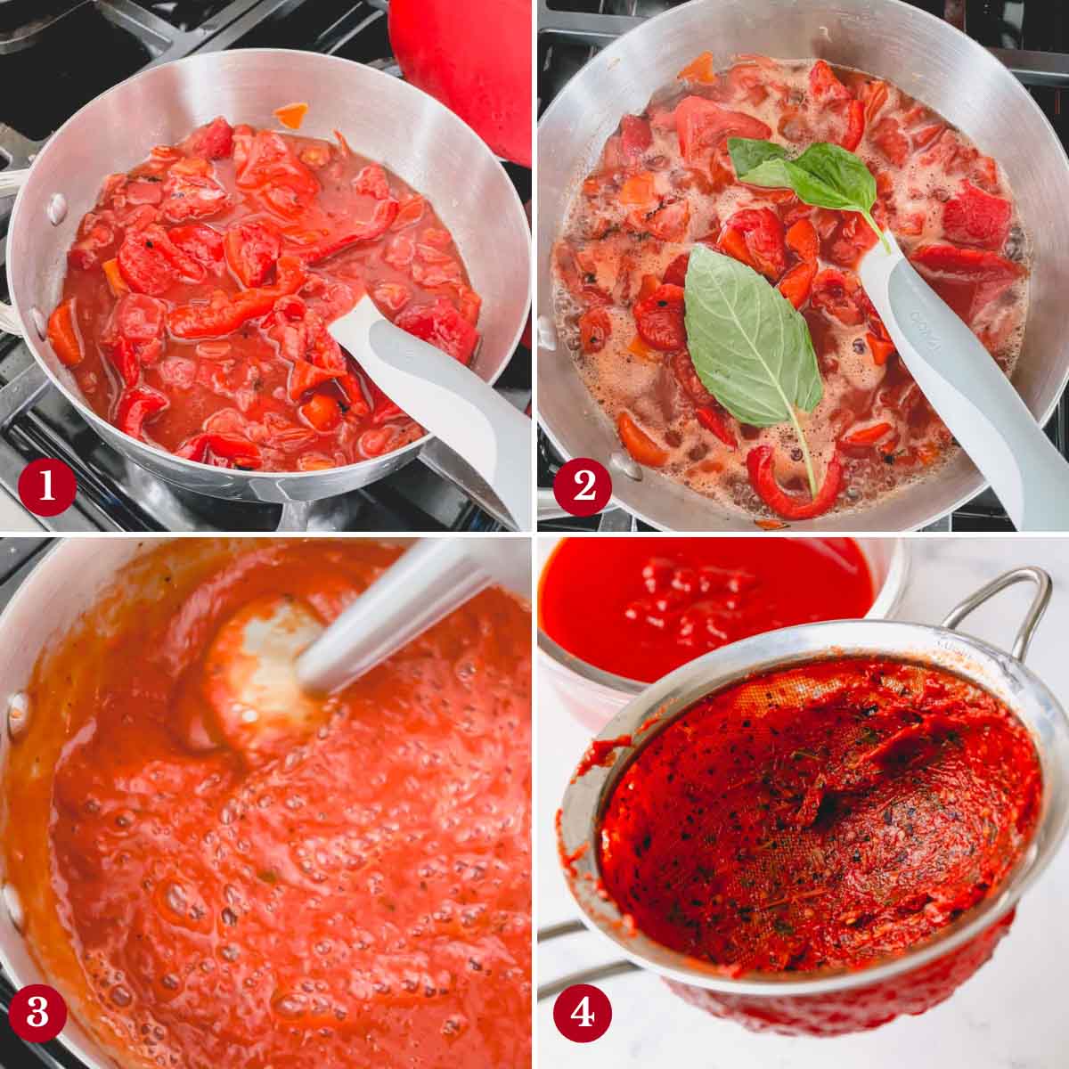 Step by step images of making roasted red pepper soup.