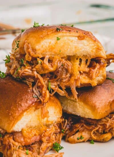 Stacked barbecue chicken sliders.
