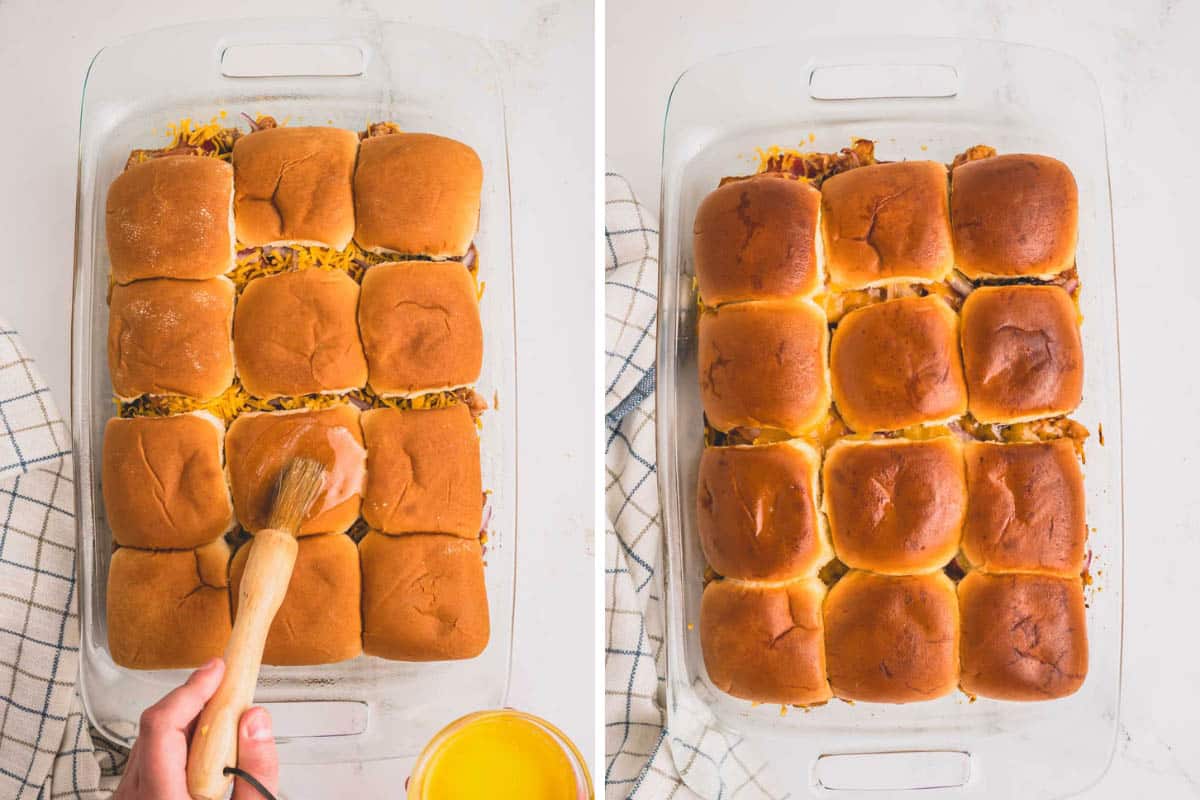 Side by side images of buttering the rolls and baked sliders.