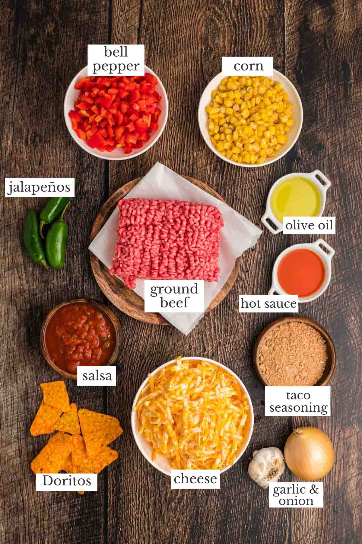 ingredients for taco casserole with doritos.