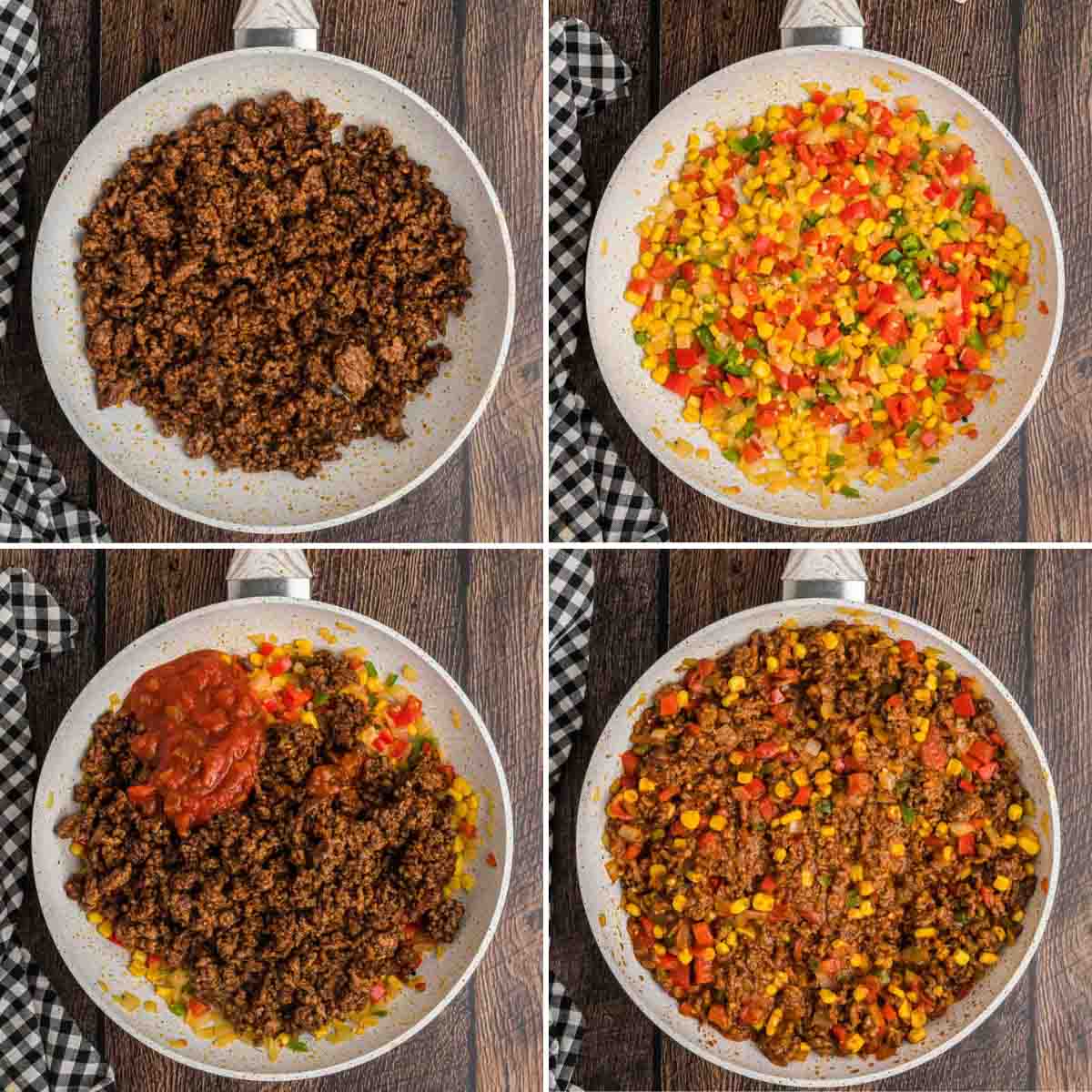 Step by step photos of ground beef and veggies in a skillet with salsa.