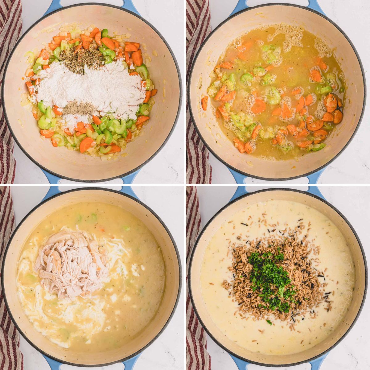 Step by step photos of cooking turkey and wild rice soup.