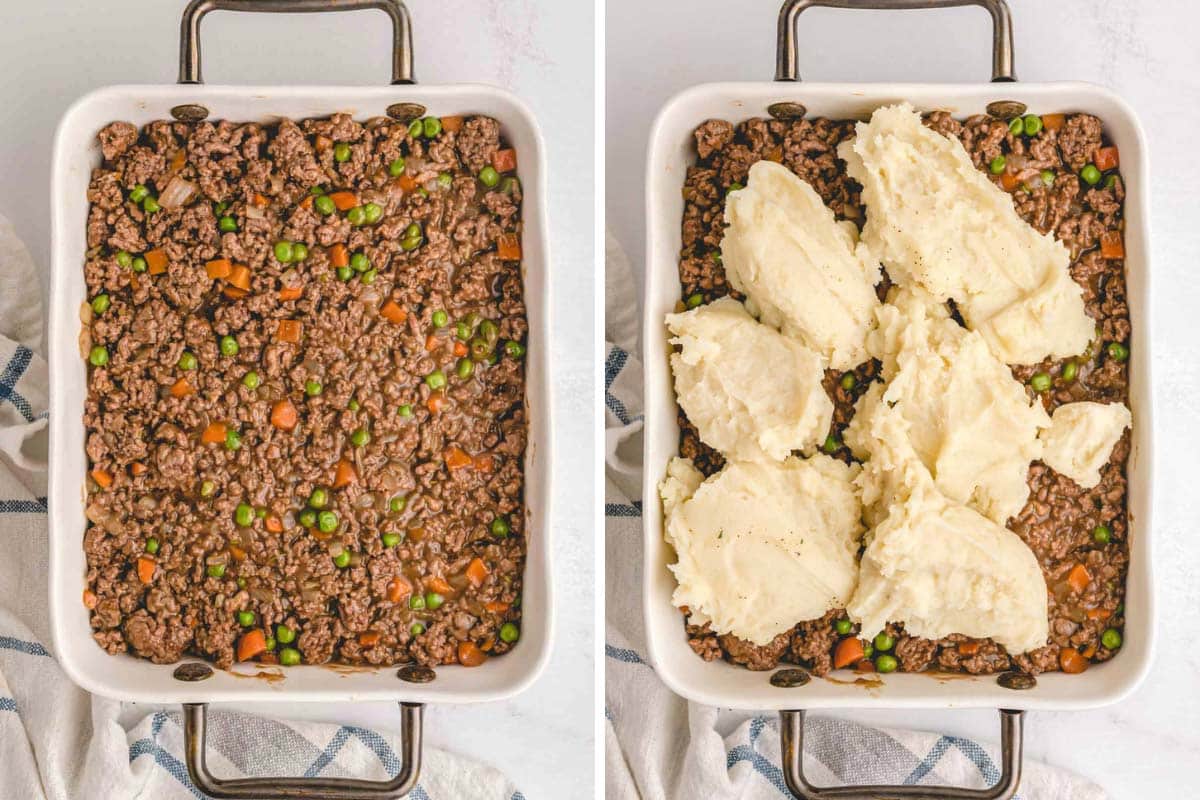 Ground beef in a baking dish with mashed potatoes on top.