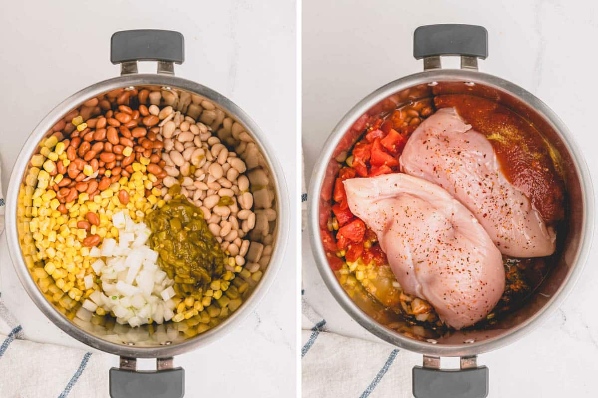 Side by side images of layering the ingredients in Instant Pot.