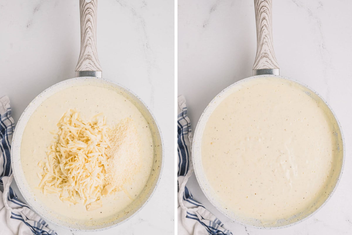 cheese sauce in a skillet. 