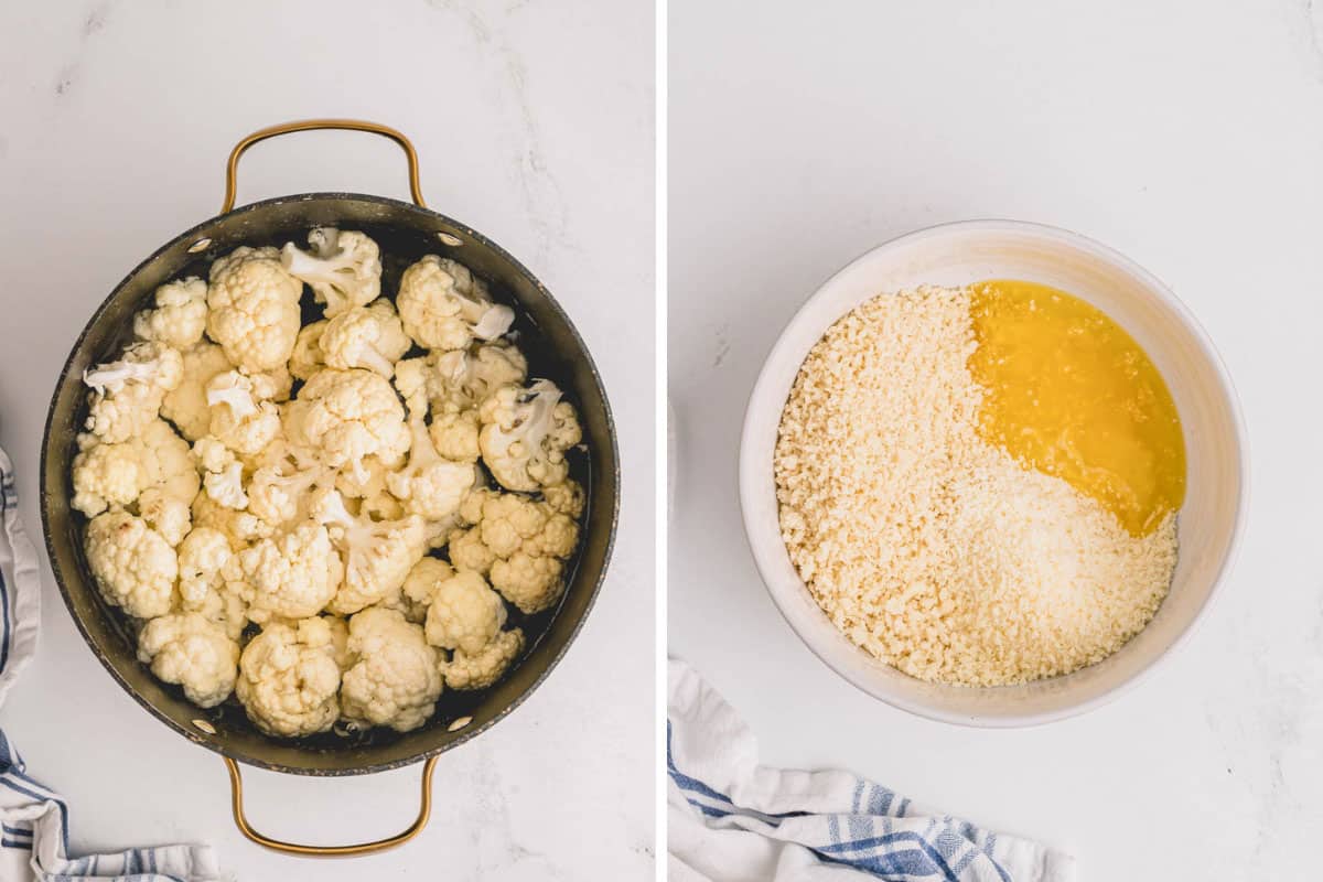 cauliflower in pot, bread crumbs and butter in bowl.
