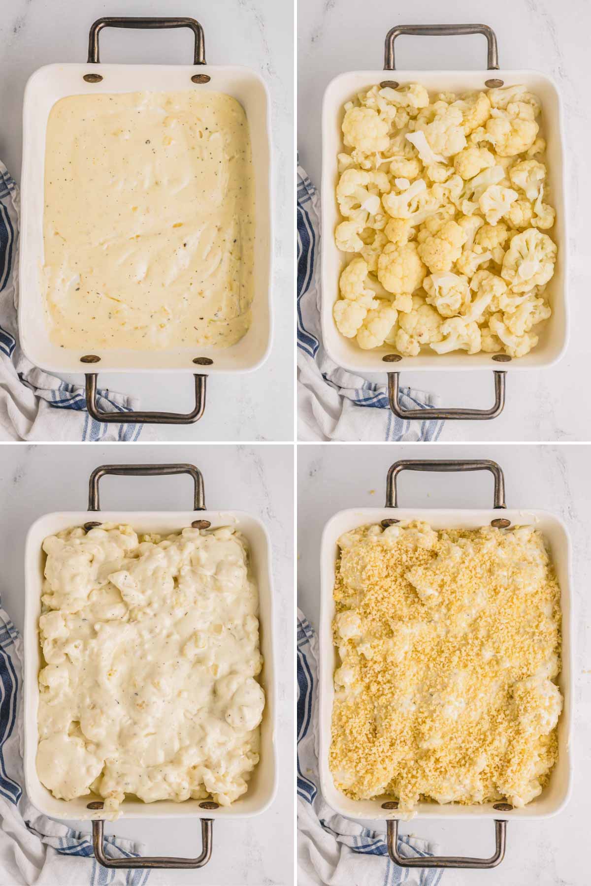 cheese sauce, cauliflower, and bread crumbs in a casserole dish. 
