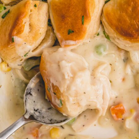 a scoopful of biscuit and pot pie filling.