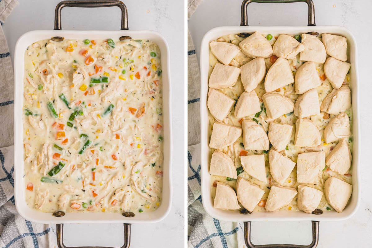 creamy chicken filling in casserole dish with biscuits on top. 