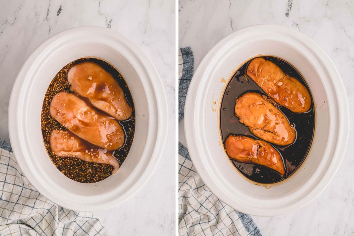 chicken breasts and teriyaki sauce in slow cooker.