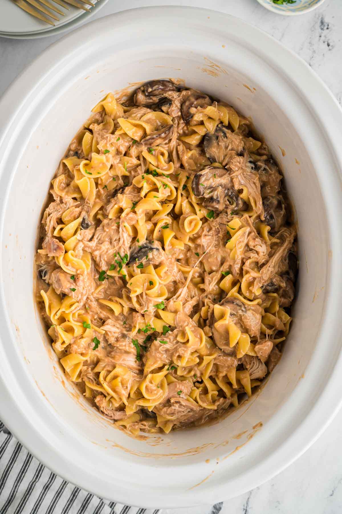 chicken stroganoff with egg noodles in a crockpot.