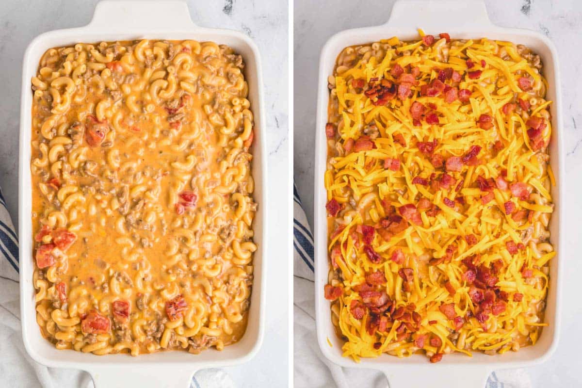 cheeseburger casserole with cheese and bacon on top.
