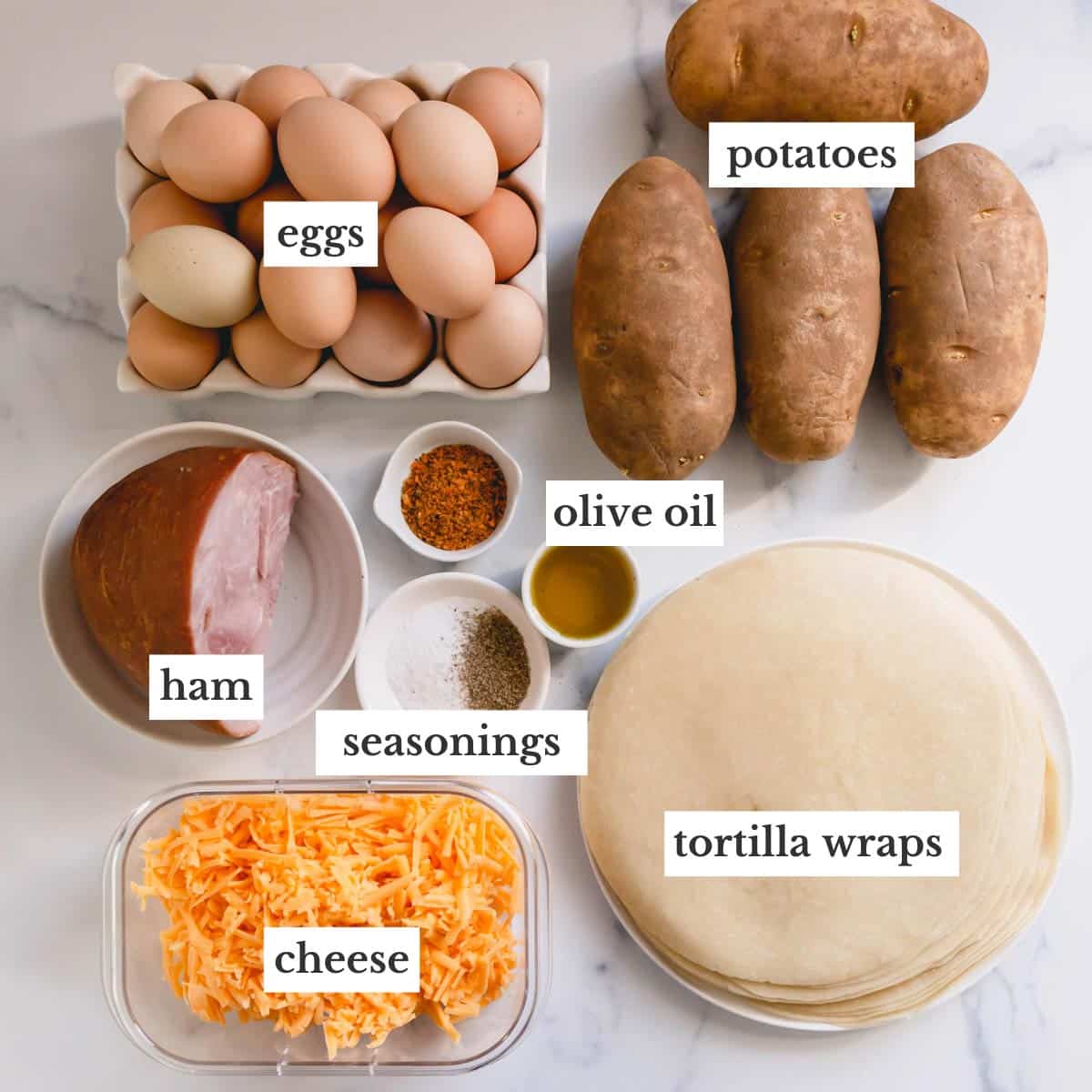 tortillas, cheese, ham, potatoes, eggs