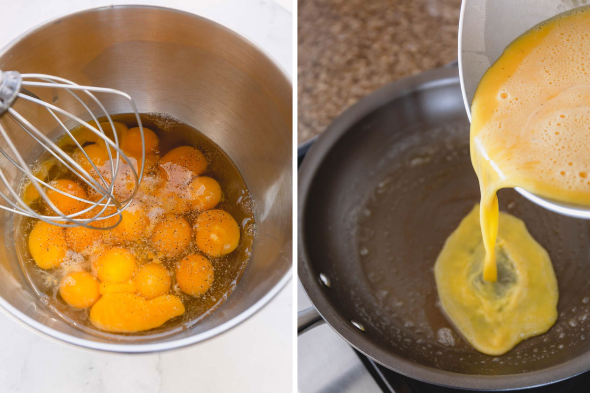 eggs in mixing bowl, pouring eggs into a skillet.