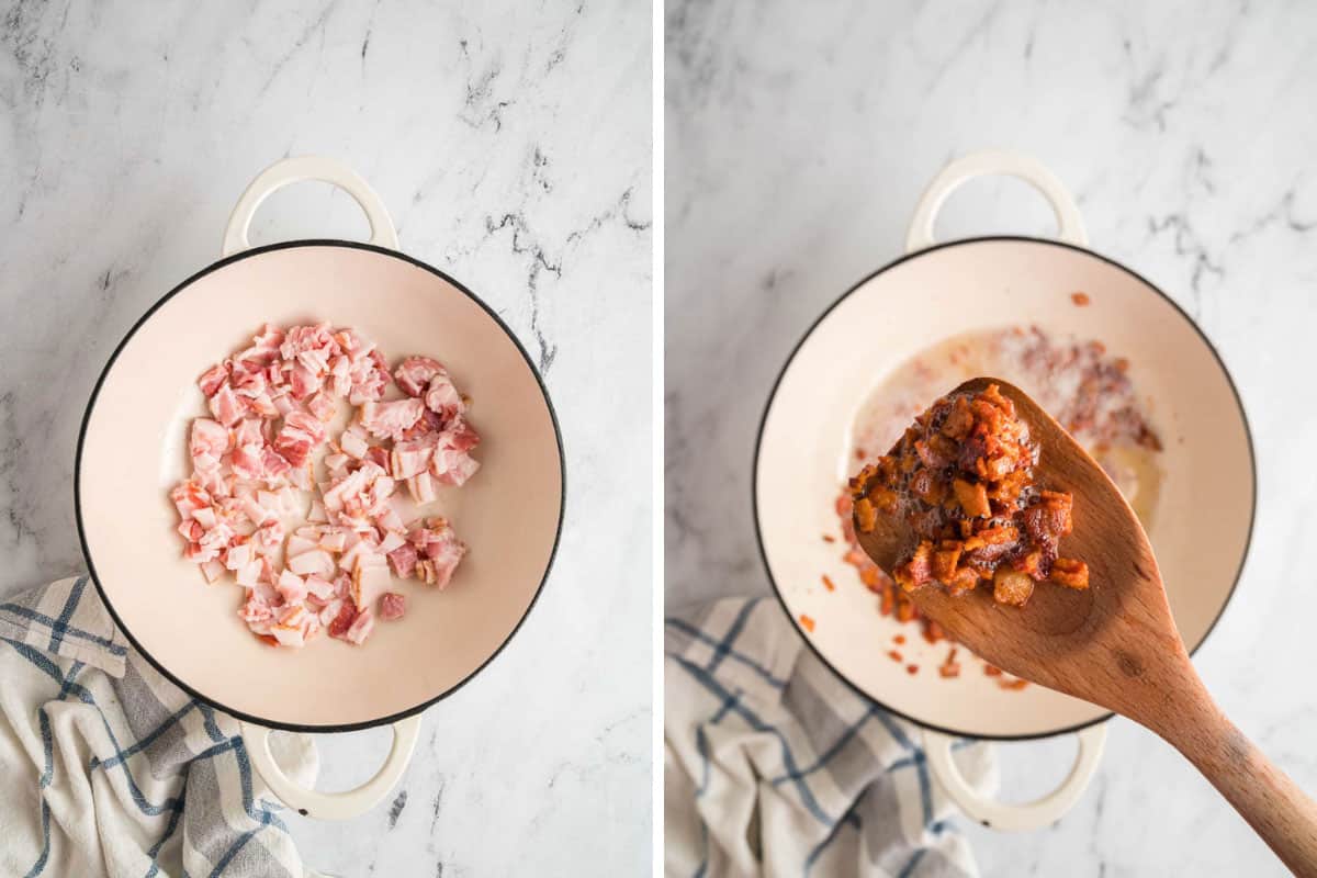 Two images showing raw chopped bacon in a pot on the left and a wooden spoon scooping up the cooked bacon on the right.