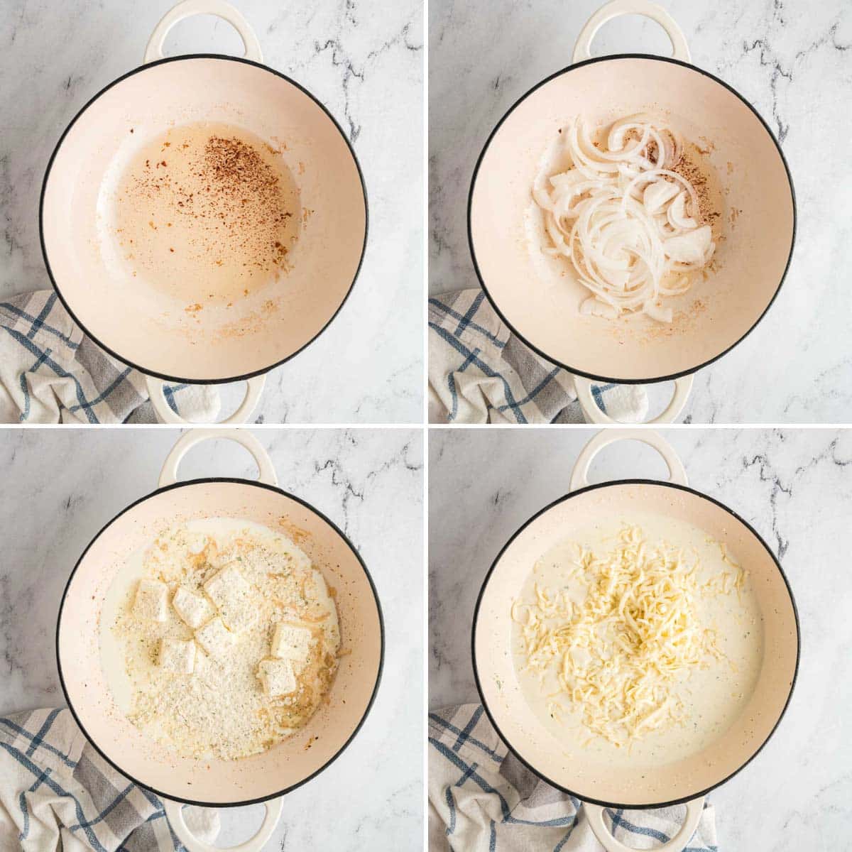Four images showing the process of browning onions and garlic and combining cream cheese and cheese.