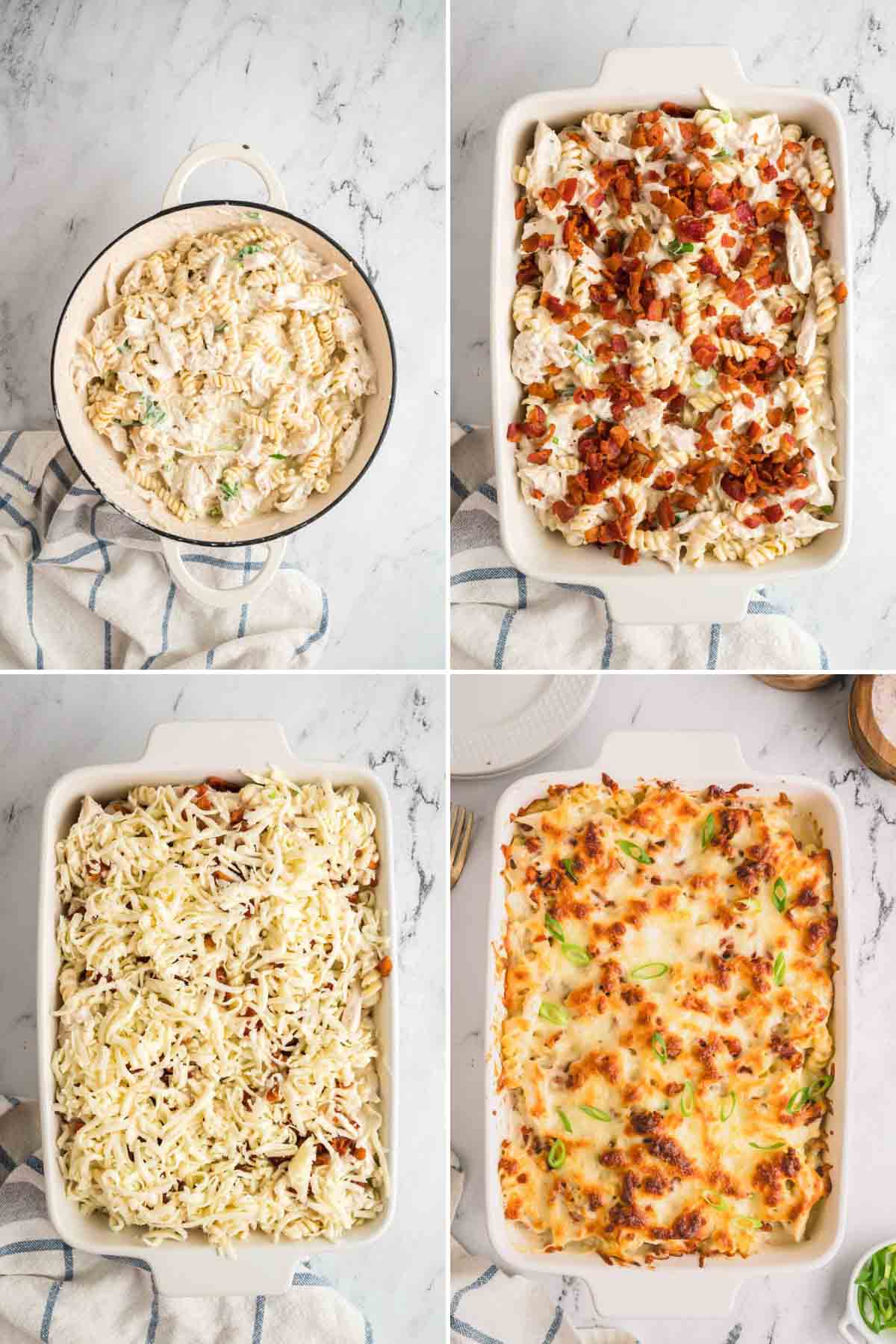 Four images showing the process of transferring chicken bacon ranch casserole ingredients to a dish and baking.