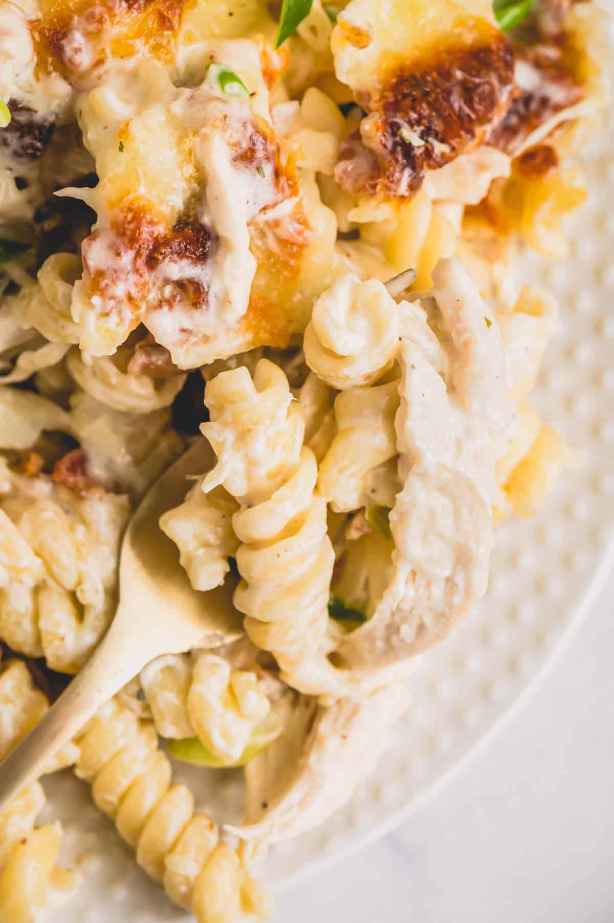 A fork lifting a bite of chicken bacon ranch casserole from a plate.