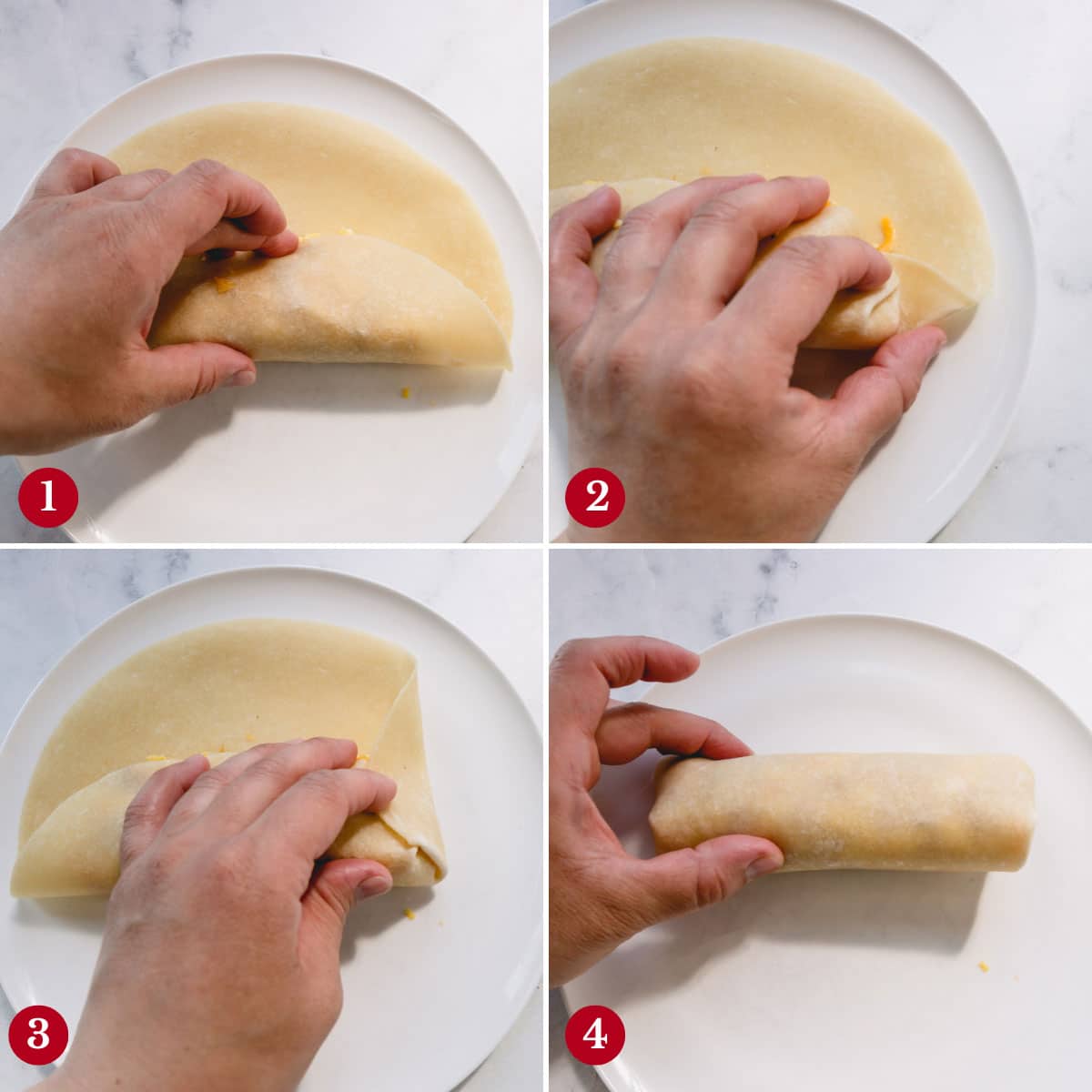 Step-by-step photos of hand rolling a burrito.