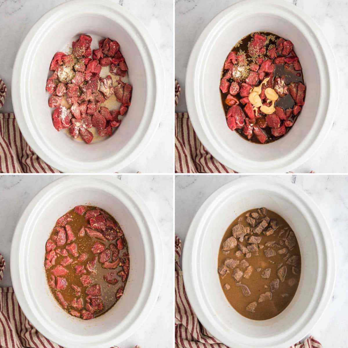 Four images showing the process of combining ingredients in a slow cooker for beef stroganoff.