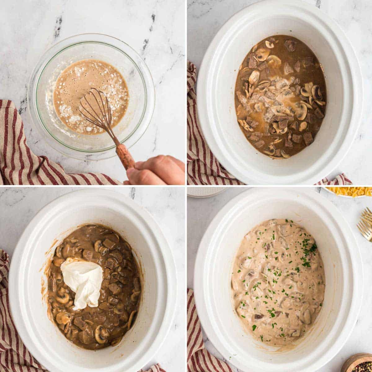 Four images showing sour cream being stirred into slow cooker beef stroganoff without curdling.