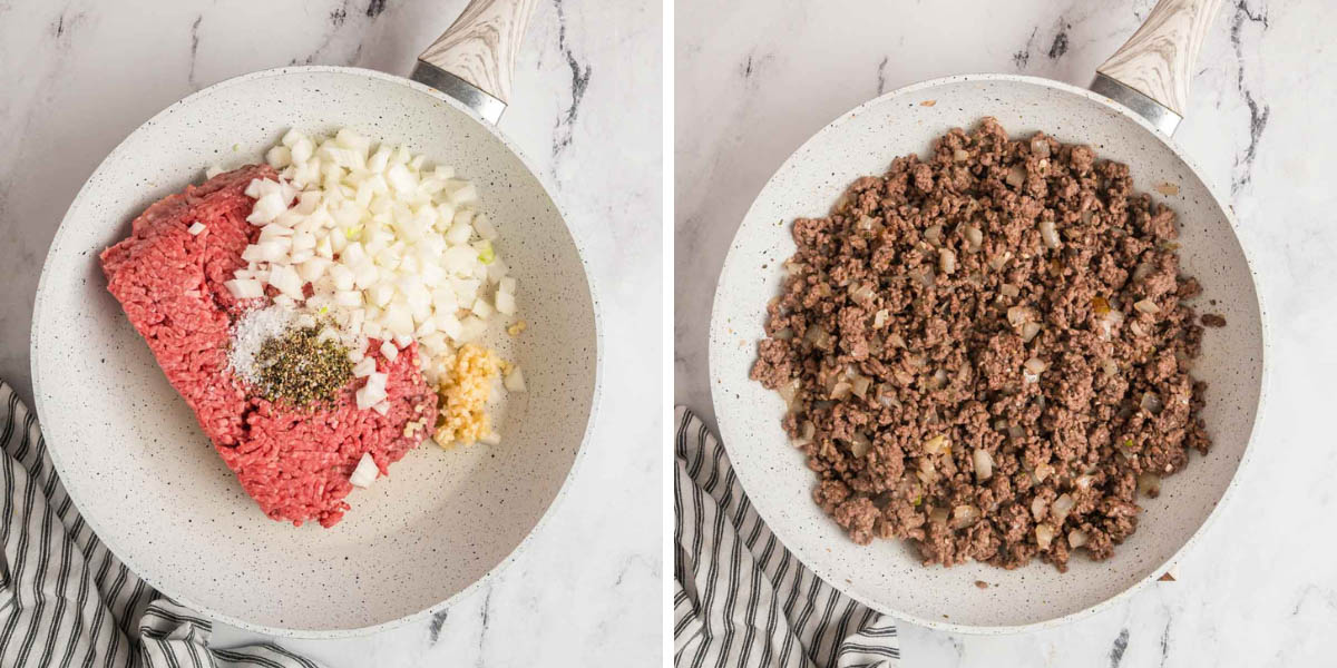 Two images with ground beef, onions, and seasonings in a skillet showing the meat raw and cooked.