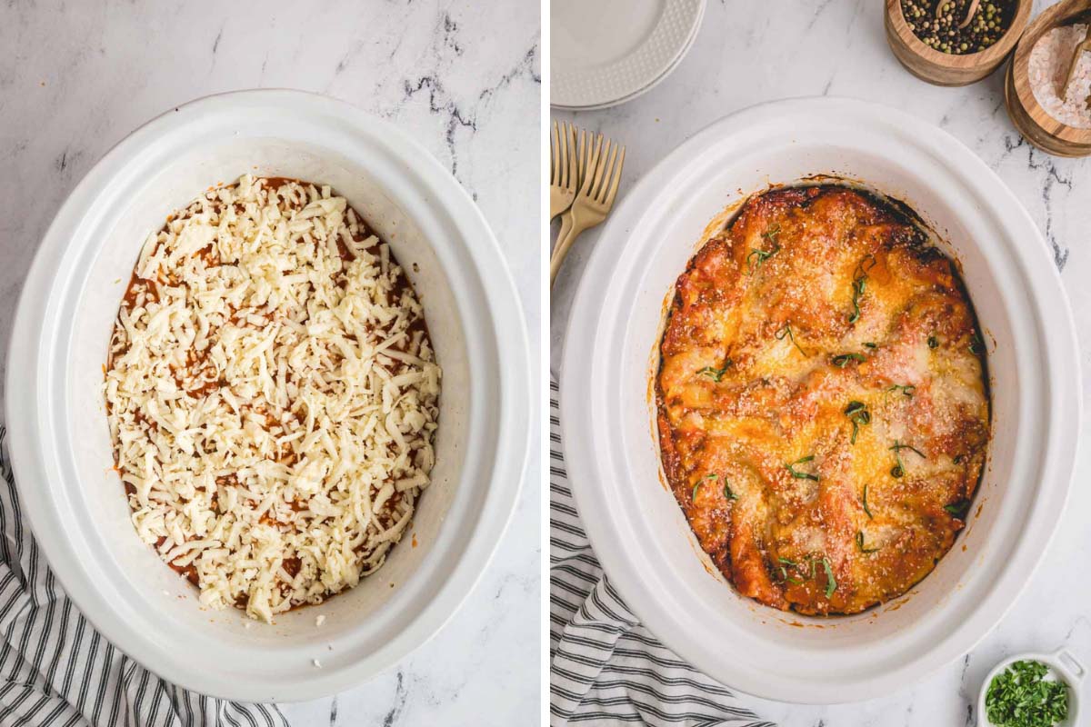 Two images showing slow cooker lasagna uncooked in one and cooked in the other.