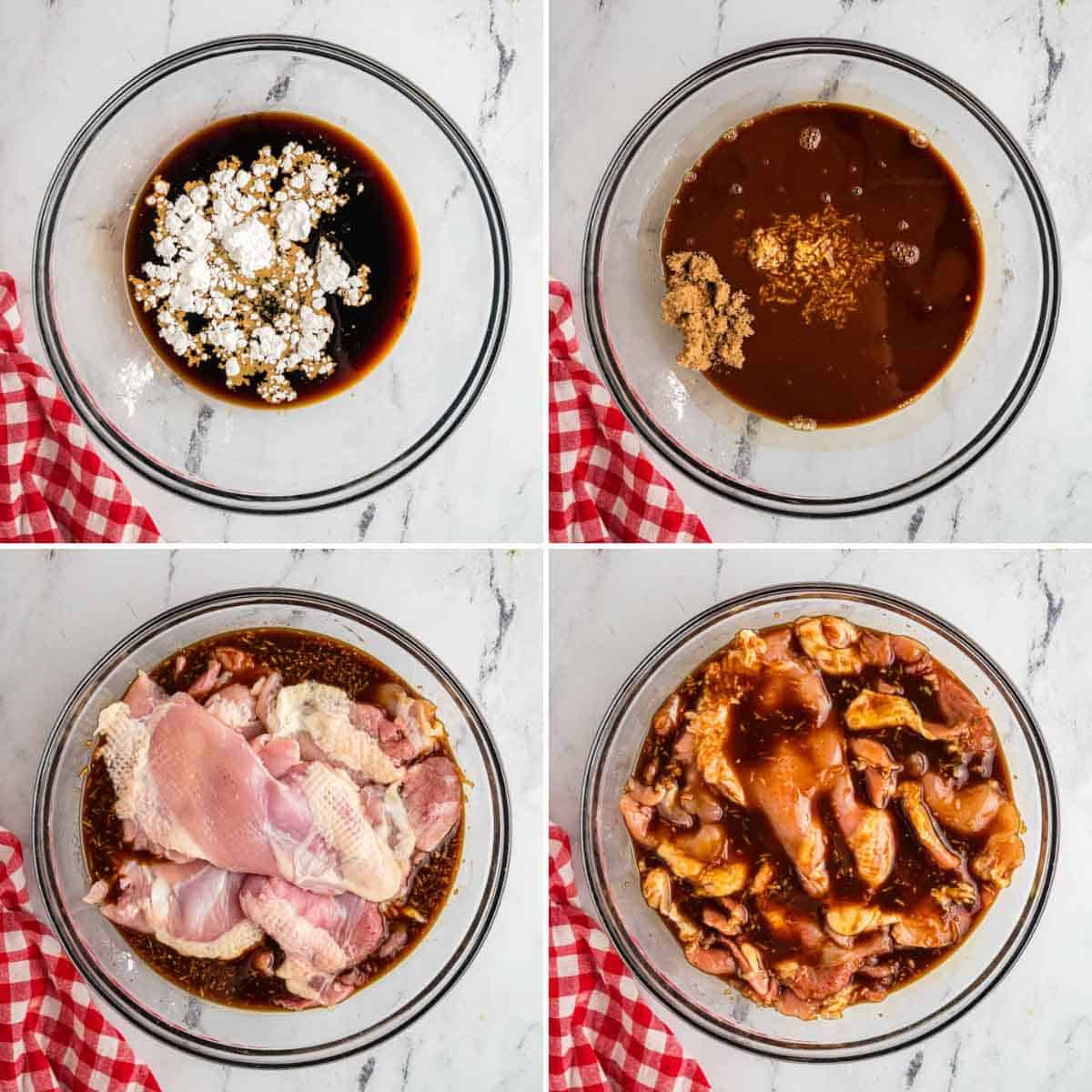 Four images showing the process of making teriyaki sauce and marinating raw chicken.