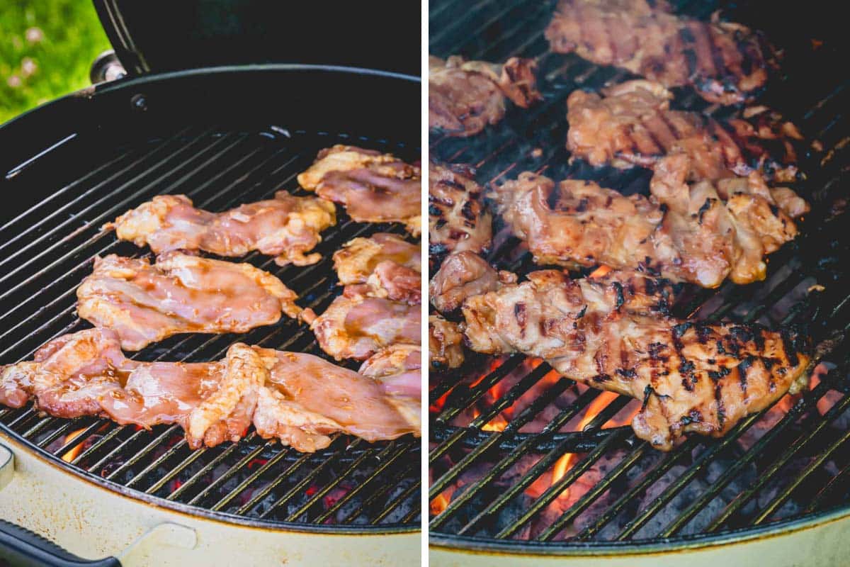 Two images showing raw teriyaki chicken on a grill on the left and cooked grilled teriyaki chicken on the right.