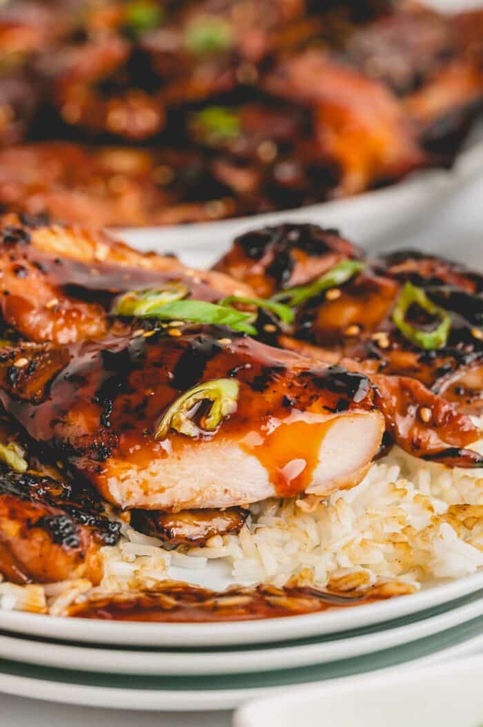 Side view of grilled teriyaki chicken on a bed of rice showing the center of the cooked chicken.