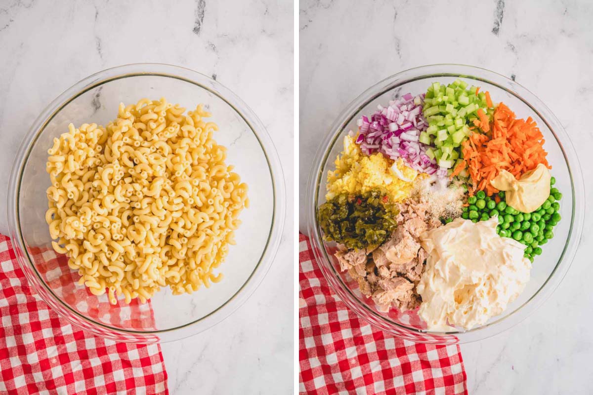 Two images one showing a bowl of elbow noodles and another with the noodles and tuna macaroni salad ingredients.