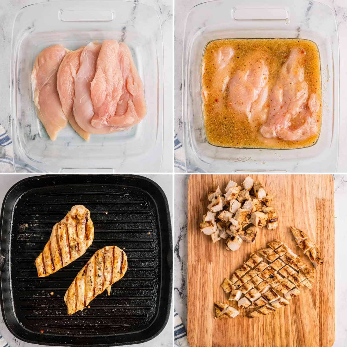 Four images showing the process of marinading chicken, cooking it, and slicing it into pieces.