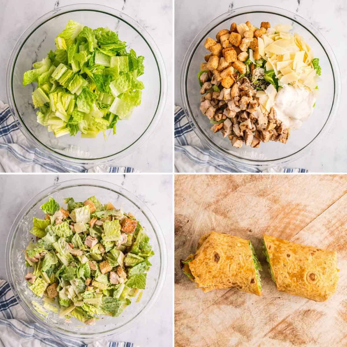 Four images showing the process of making a chicken caesar wrap.