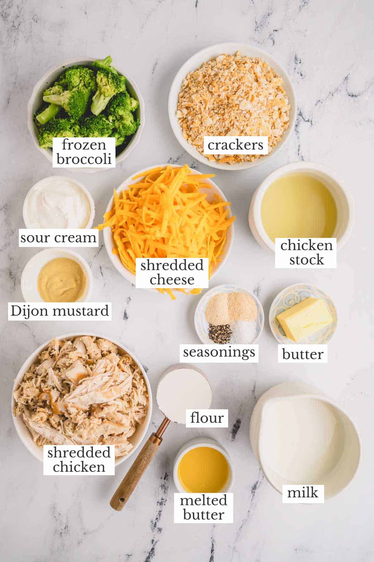 Ingredients needed to make chicken and broccoli casserole.