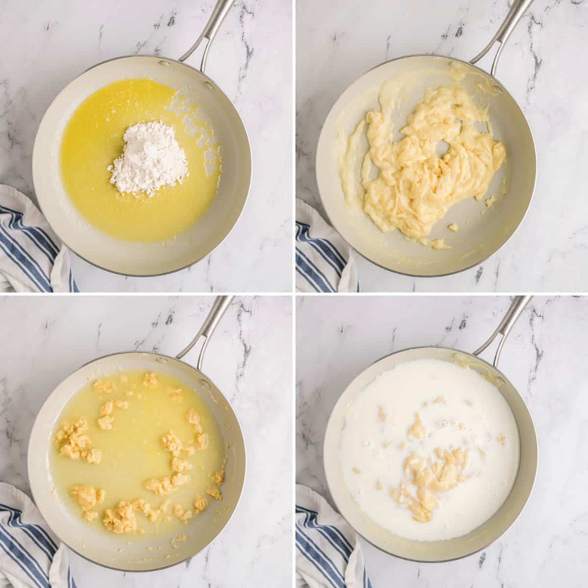 Four ingredients showing the process of creating a creamy cheese sauce.