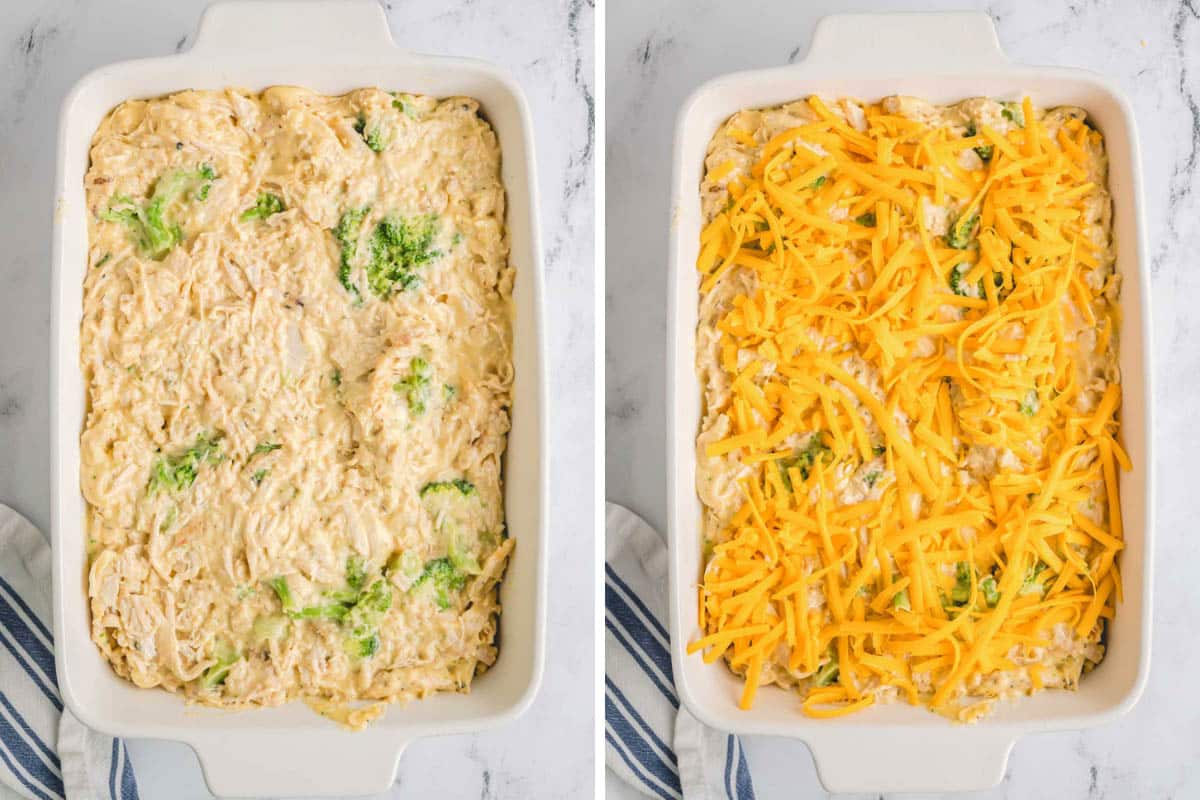 Two images showing uncooked chicken and broccoli casserole with and without cheese on top.