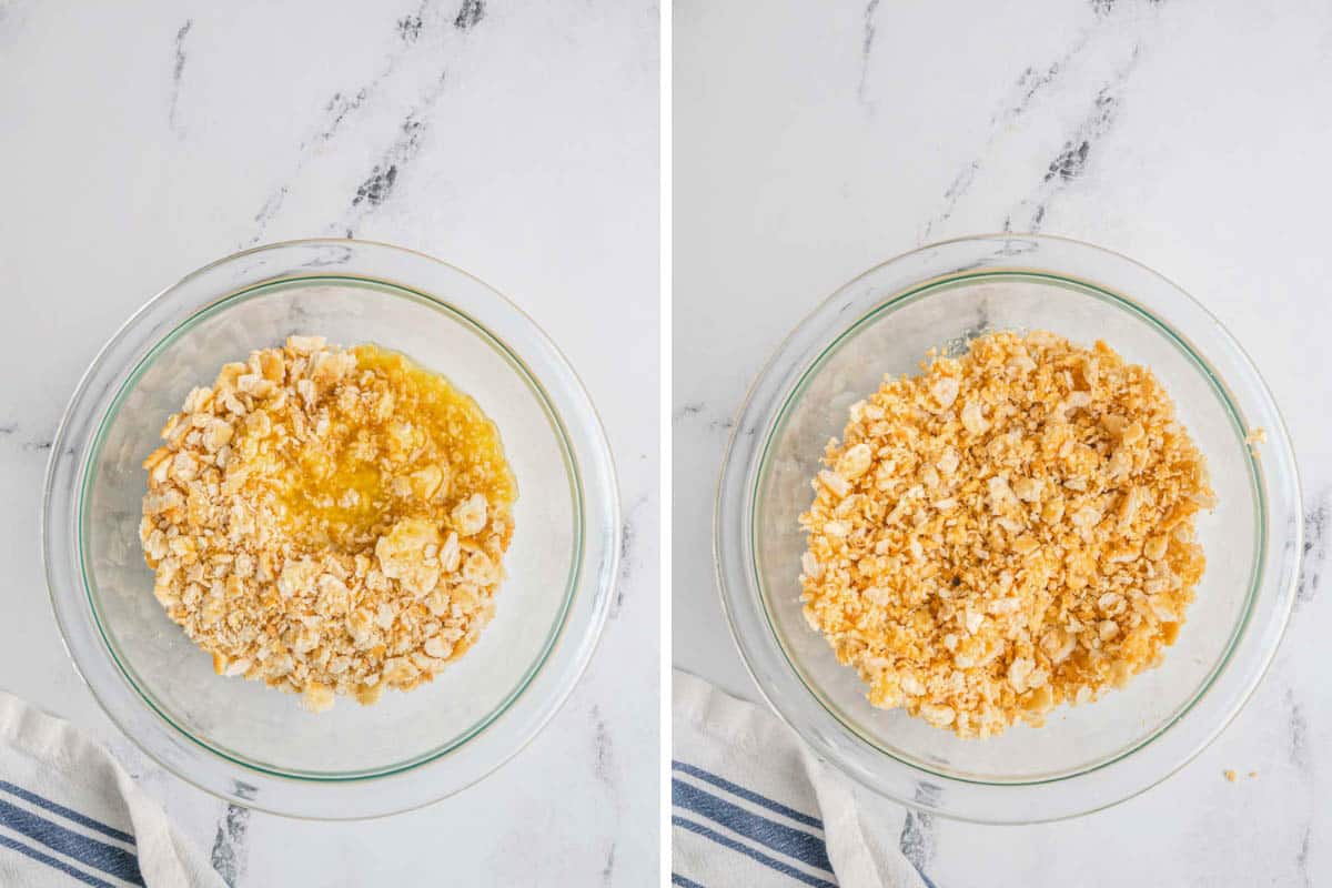 Two images showing the process of making a buttery Ritz casserole topping.