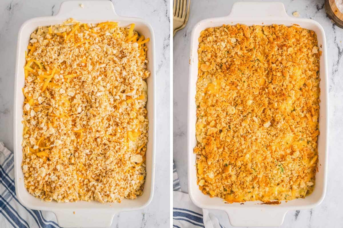 Two images showing unbaked and baked chicken and broccoli casserole topped with Ritz.