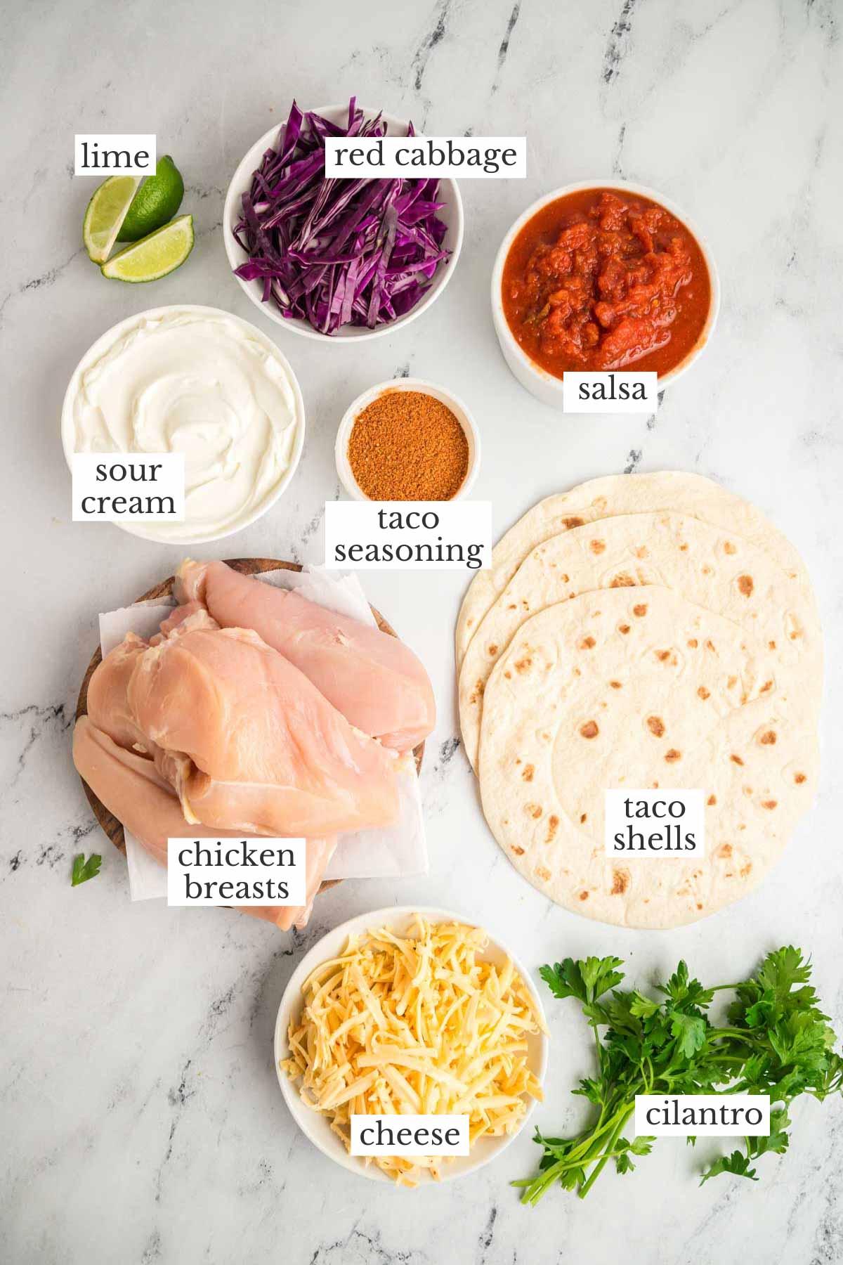 Ingredients needed to make slow cooker chicken tacos.
