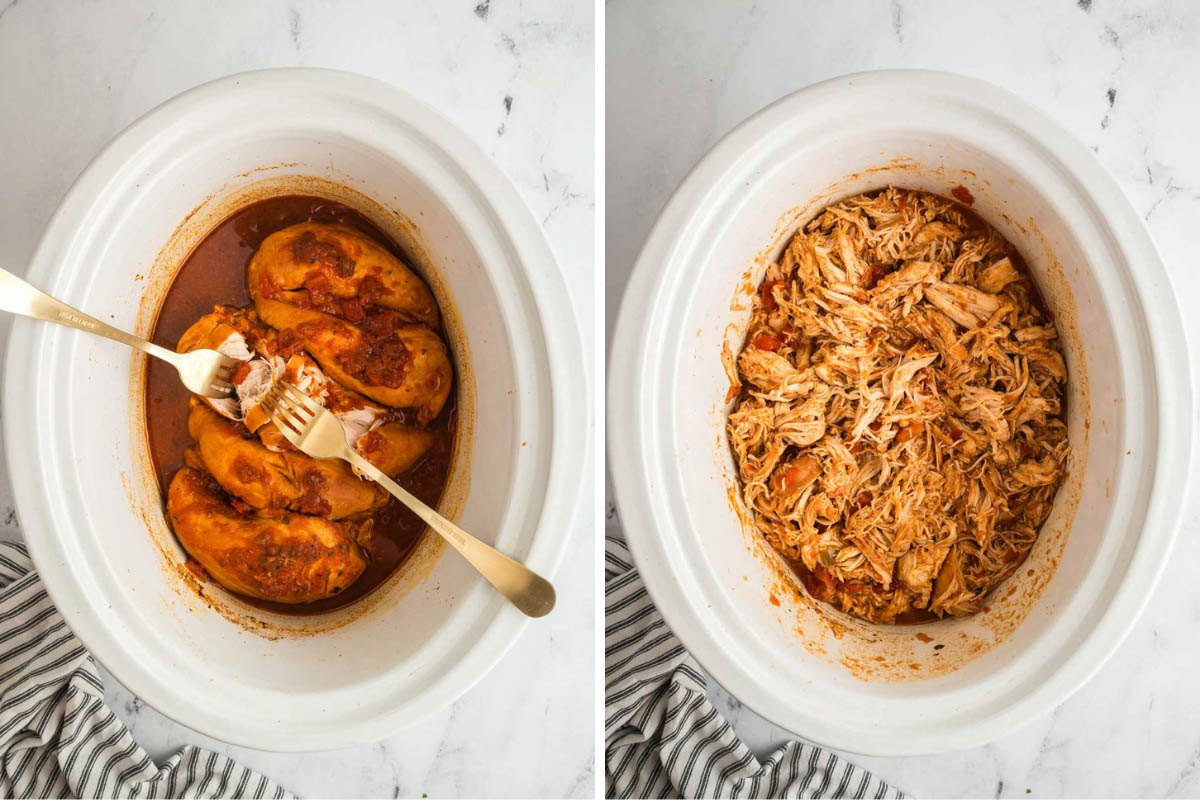 Two images showing the process of shredding slow cooker chicken taco meat with forks.
