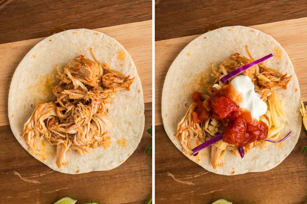 Two images showing the process of building a slow cooker chicken taco with sour cream, salsa, and red cabbage.