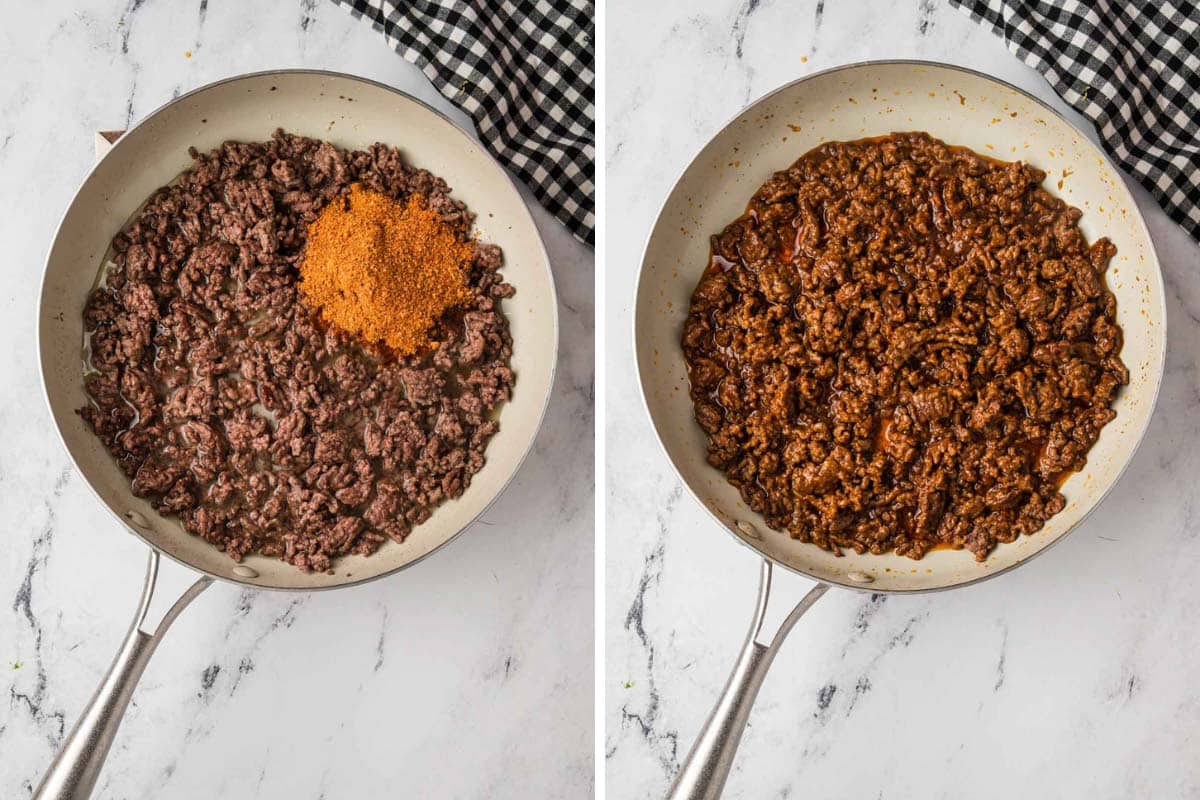 Two images showing the process of cooking beef taco meat.