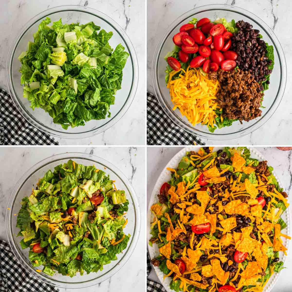 Four images showing the process of combining ingredients to make a Dorito taco salad recipe.