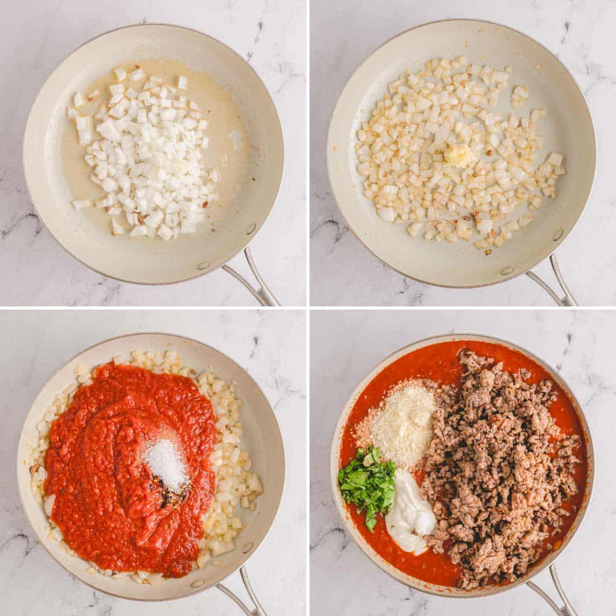 Four images showing the process of sautéing onions and combining them with ingredients to make a baked ziti sauce.
