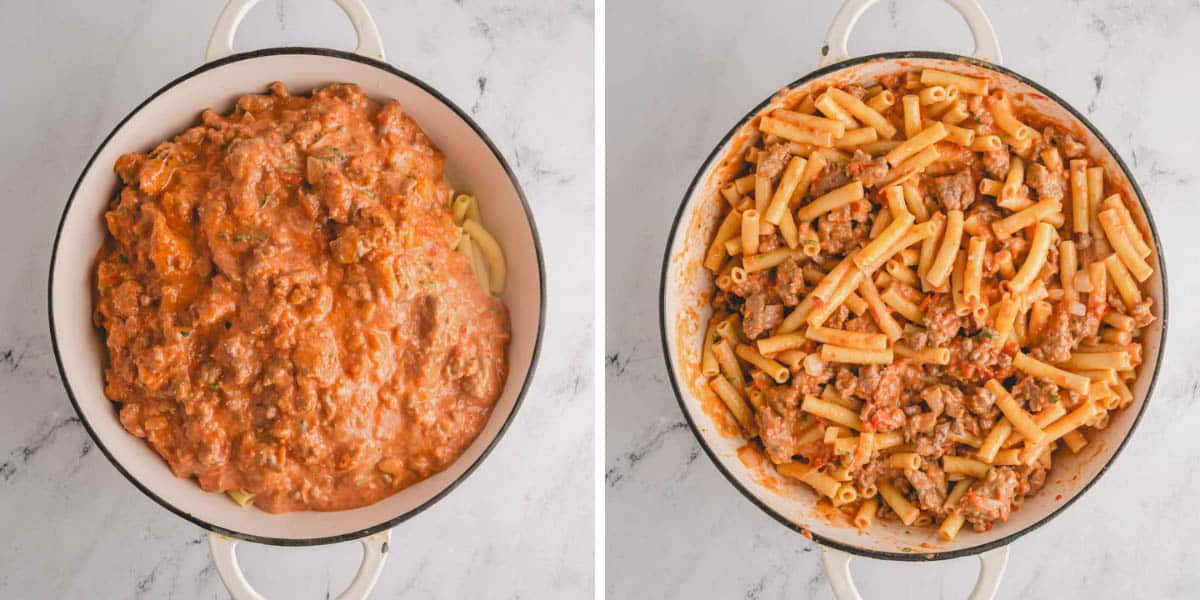 Two images showing the process of combining cooking ziti noodles with a sausage sauce.